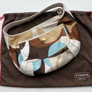 Ergo M0668-10781 Tan and Blue Multi-print Sateen with Leather Trim Hobo Bag